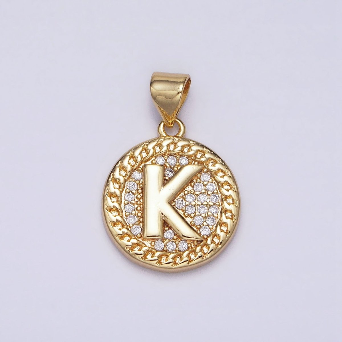 16K Gold Filled Initial Letter A-Z Micro Paved Curb Link Round Coin Pendant | AD331 - AD356 - DLUXCA