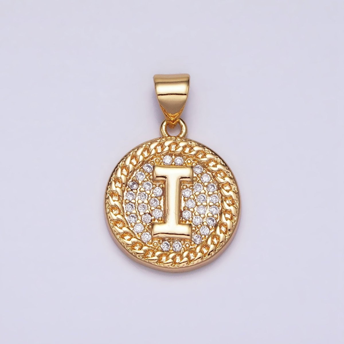 16K Gold Filled Initial Letter A-Z Micro Paved Curb Link Round Coin Pendant | AD331 - AD356 - DLUXCA