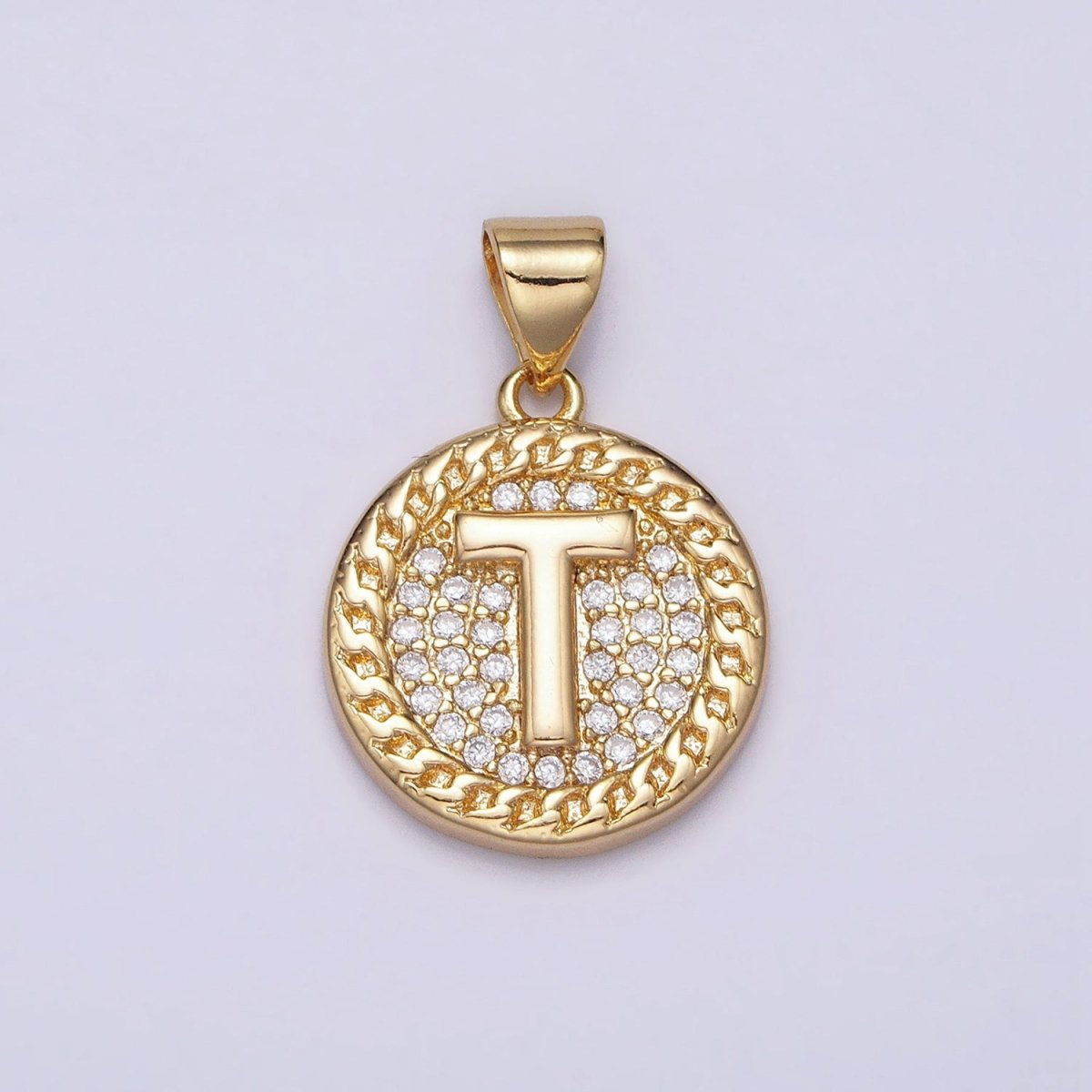 16K Gold Filled Initial Letter A-Z Micro Paved Curb Link Round Coin Pendant | AD331 - AD356 - DLUXCA