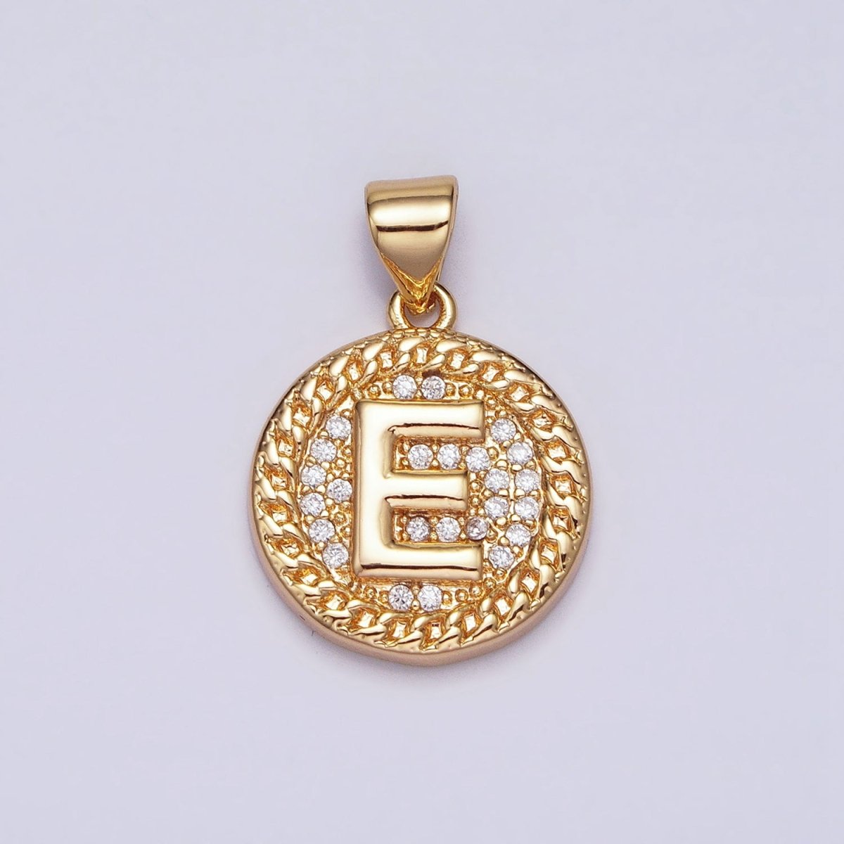 16K Gold Filled Initial Letter A-Z Micro Paved Curb Link Round Coin Pendant | AD331 - AD356 - DLUXCA