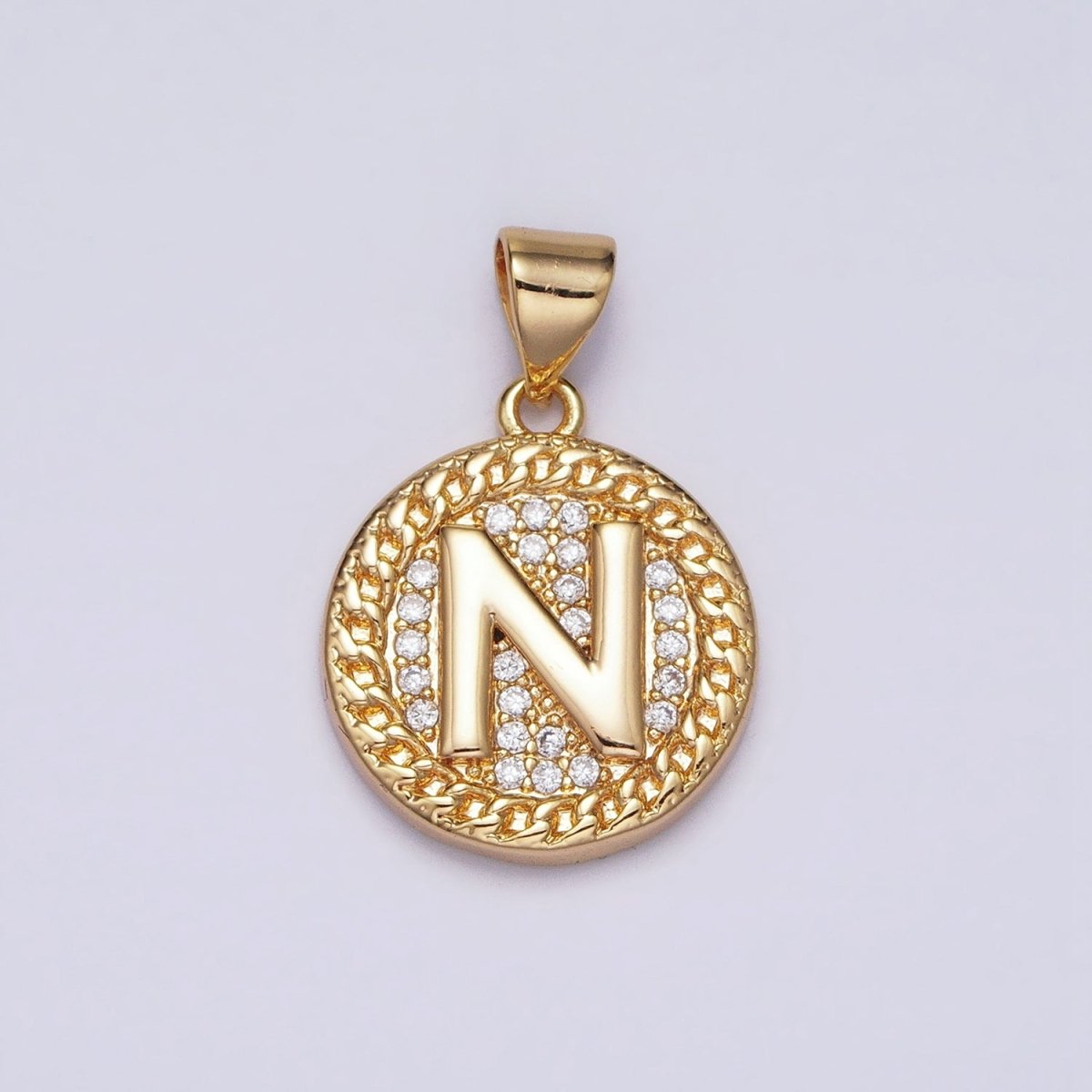 16K Gold Filled Initial Letter A-Z Micro Paved Curb Link Round Coin Pendant | AD331 - AD356 - DLUXCA