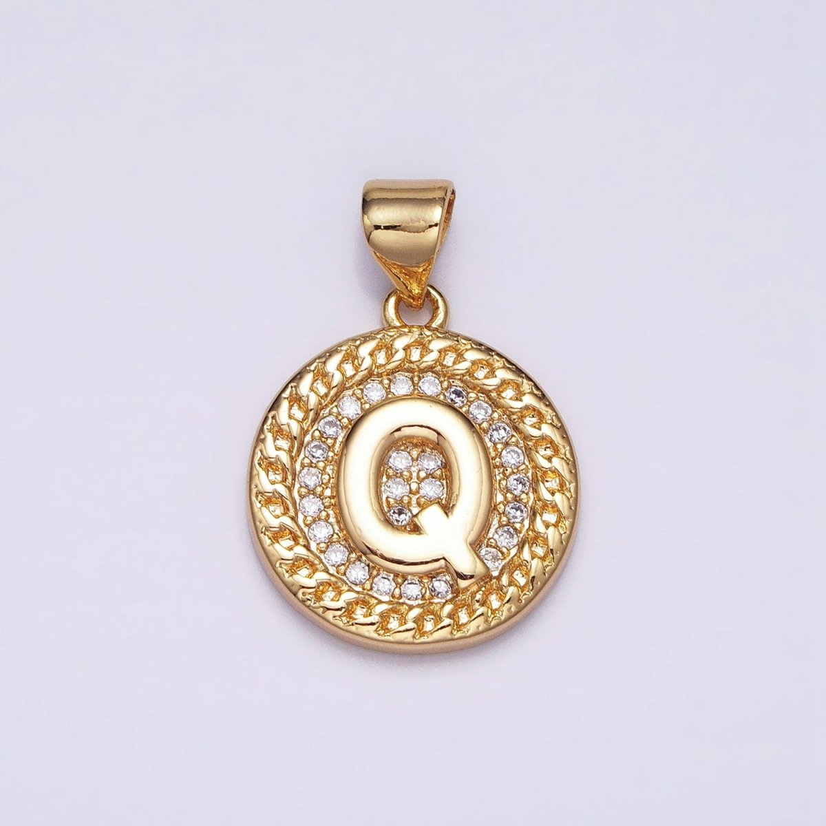 16K Gold Filled Initial Letter A-Z Micro Paved Curb Link Round Coin Pendant | AD331 - AD356 - DLUXCA