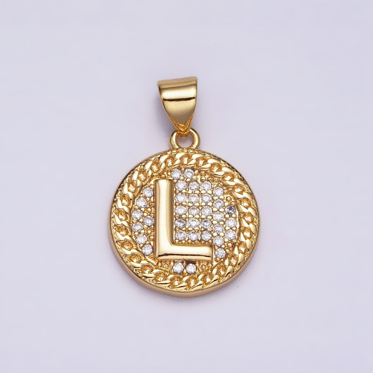 16K Gold Filled Initial Letter A-Z Micro Paved Curb Link Round Coin Pendant | AD331 - AD356 - DLUXCA