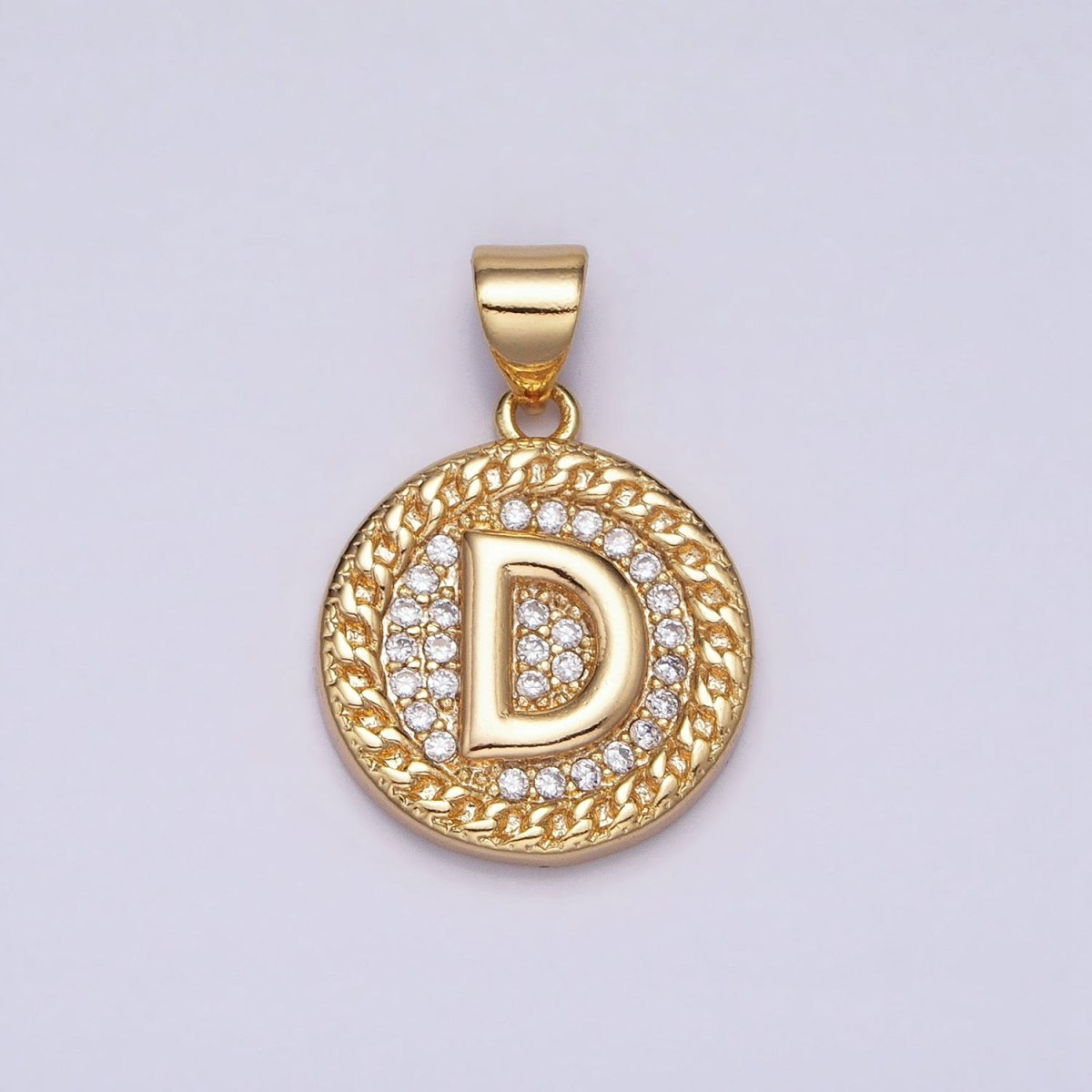 16K Gold Filled Initial Letter A-Z Micro Paved Curb Link Round Coin Pendant | AD331 - AD356 - DLUXCA