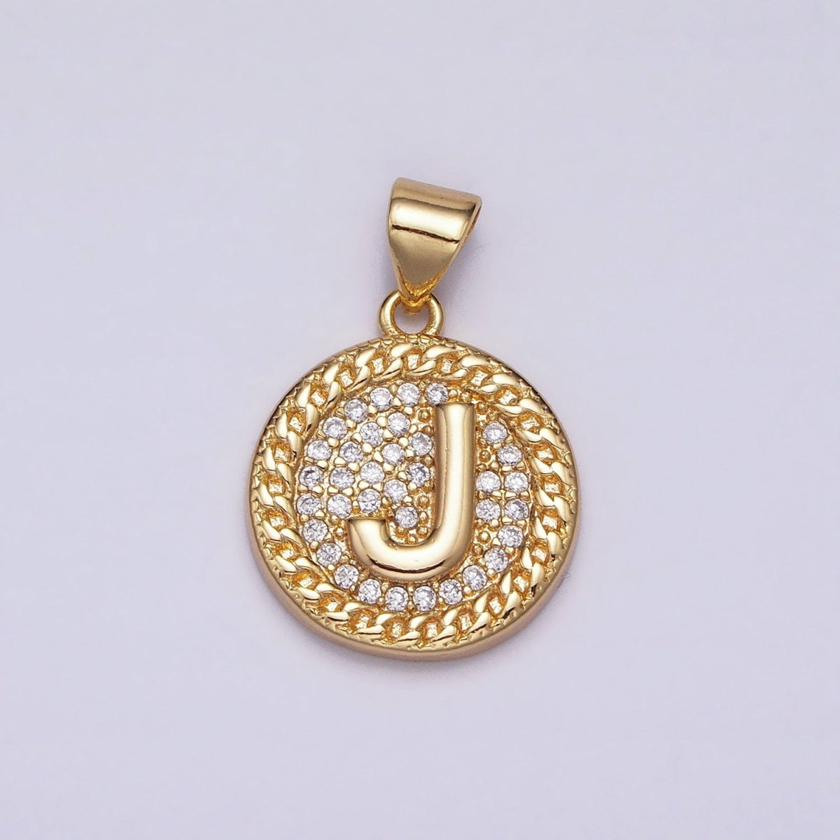 16K Gold Filled Initial Letter A-Z Micro Paved Curb Link Round Coin Pendant | AD331 - AD356 - DLUXCA