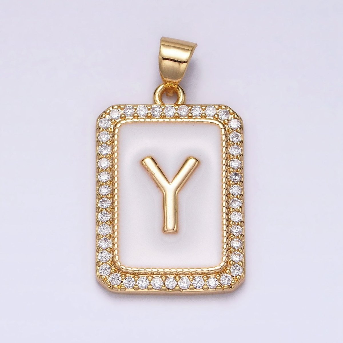16K Gold Filled Initial Letter A-Z White Enamel Micro Paved CZ Personalized Tag Pendant | AD495 - AD520 - DLUXCA