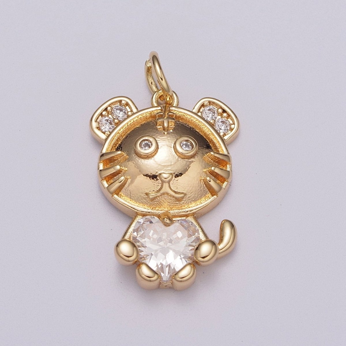 16K Gold Filled Kitty Cat Clear CZ Heart Micro Paved Animal Charm | M771 - DLUXCA