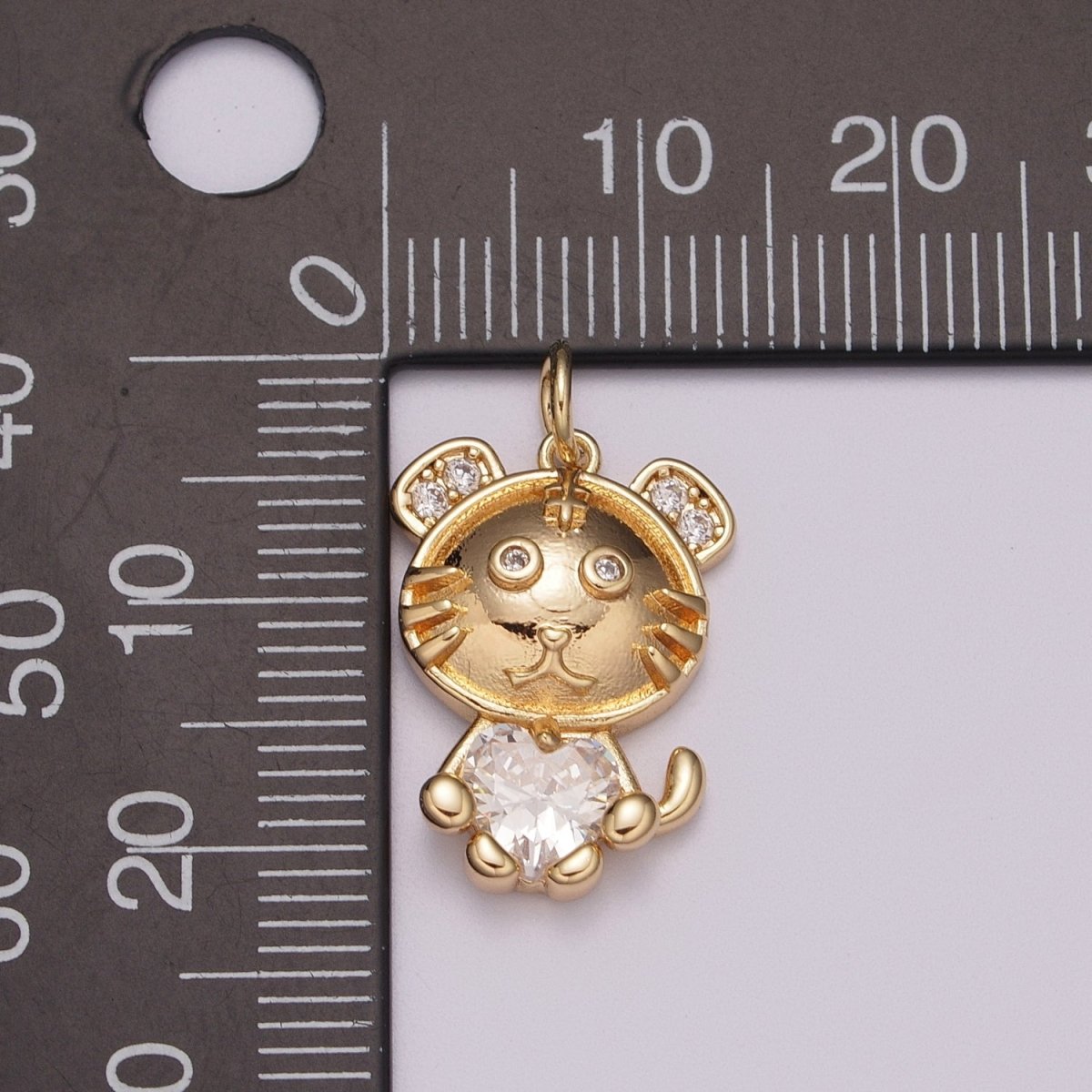 16K Gold Filled Kitty Cat Clear CZ Heart Micro Paved Animal Charm | M771 - DLUXCA