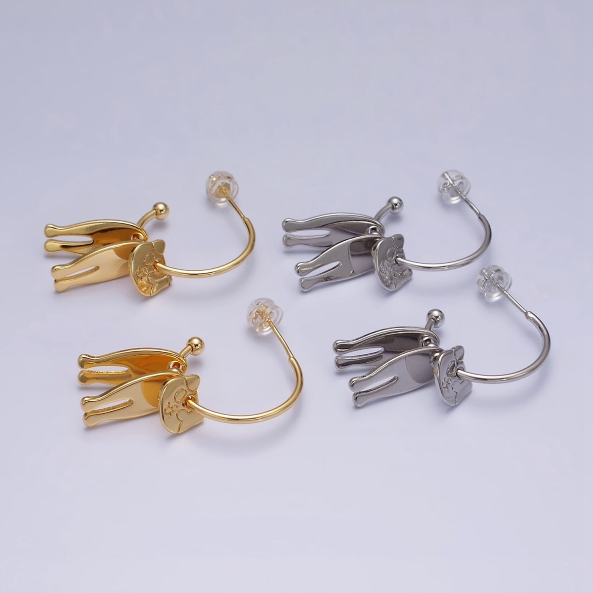 16K Gold Filled Kitty Cat Pet Triple Silhouette Dangle Drop C-Shaped Hoop Earrings in Gold & Silver | Y-781 Y-782 - DLUXCA