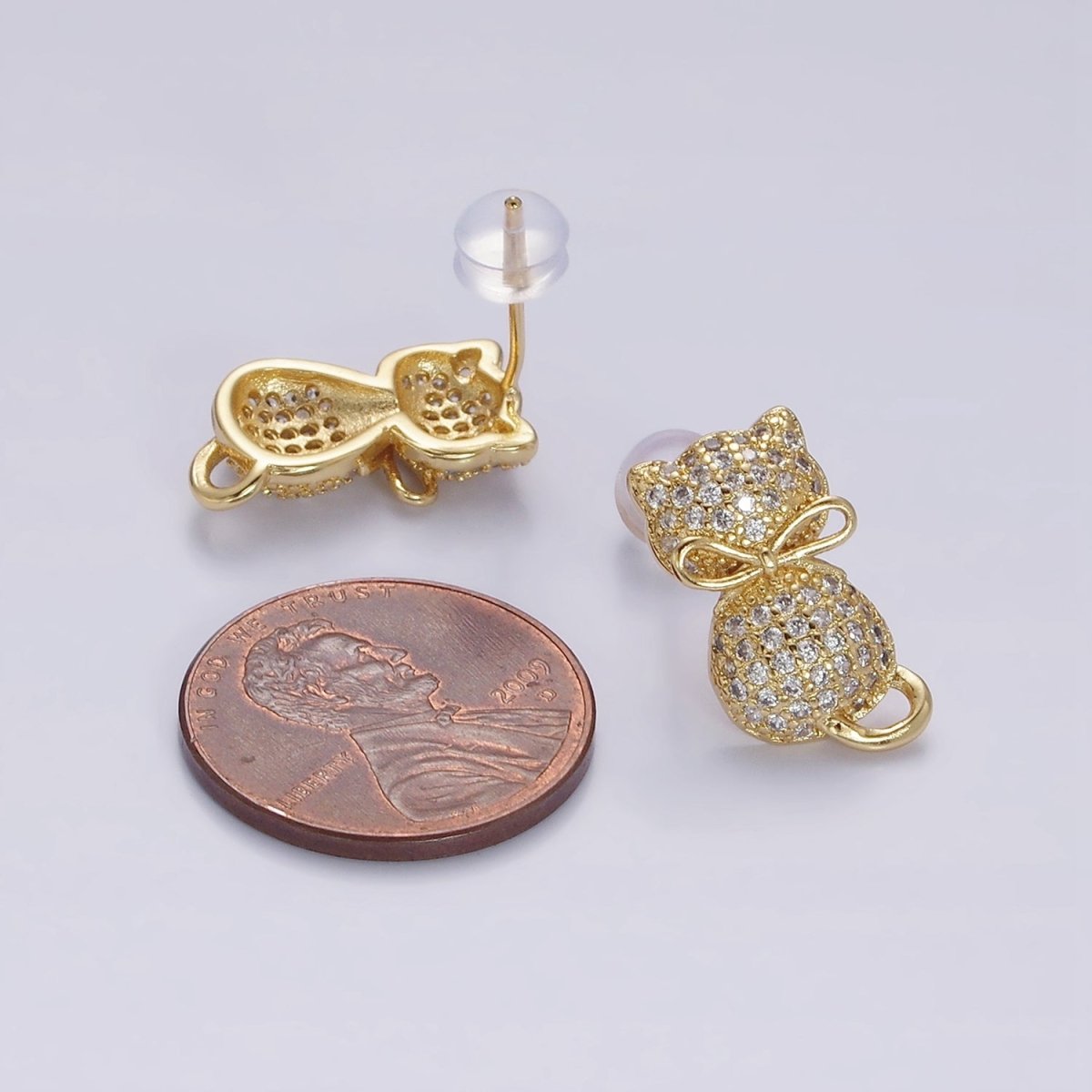 16K Gold Filled Kitty Cat Silhouette Bow Ribbon Micro Paved CZ Stud Earrings | Y-892 - DLUXCA