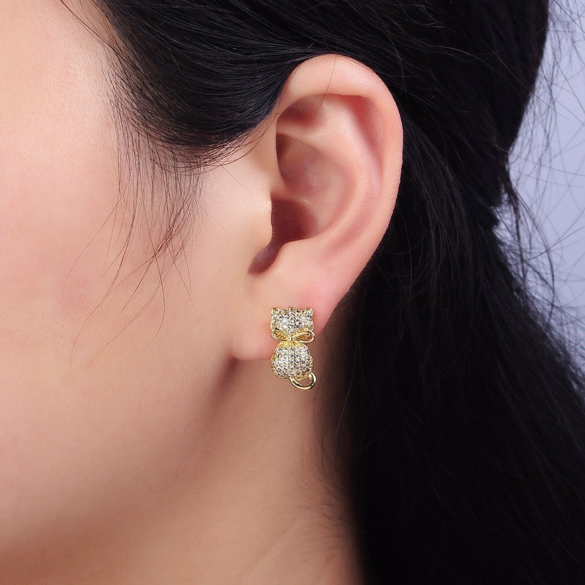 16K Gold Filled Kitty Cat Silhouette Bow Ribbon Micro Paved CZ Stud Earrings | Y-892 - DLUXCA
