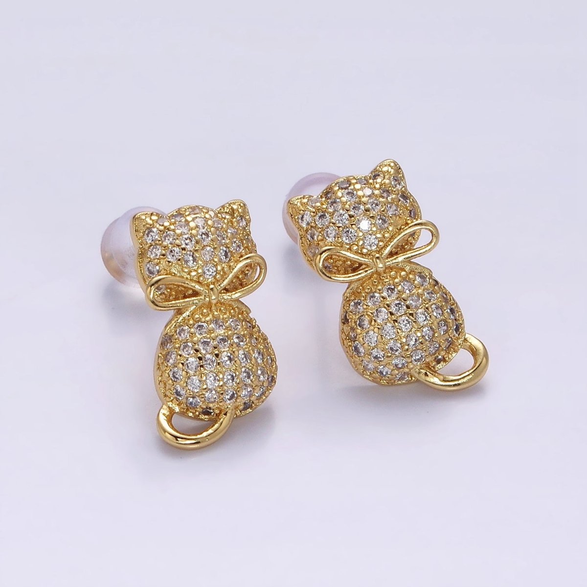 16K Gold Filled Kitty Cat Silhouette Bow Ribbon Micro Paved CZ Stud Earrings | Y-892 - DLUXCA