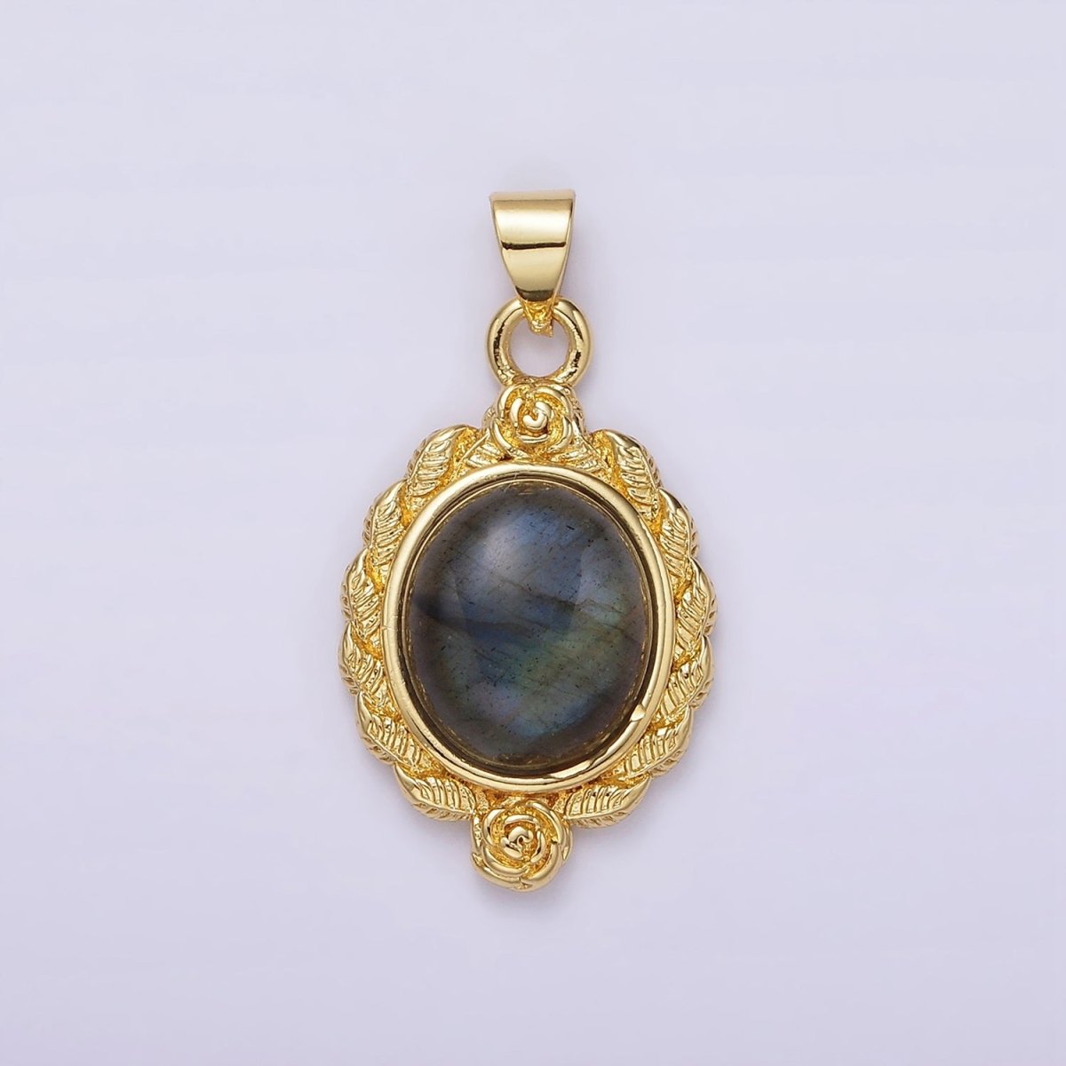 16K Gold Filled Labradorite Cabochon Rose Flower Leaf Outline Oval Pendant | N1782 - DLUXCA