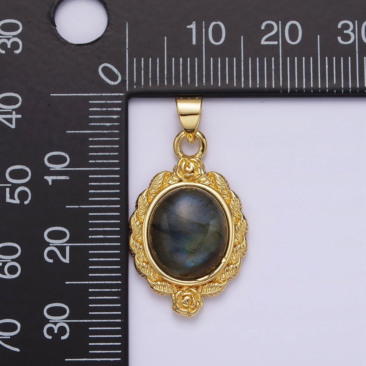 16K Gold Filled Labradorite Cabochon Rose Flower Leaf Outline Oval Pendant | N1782 - DLUXCA