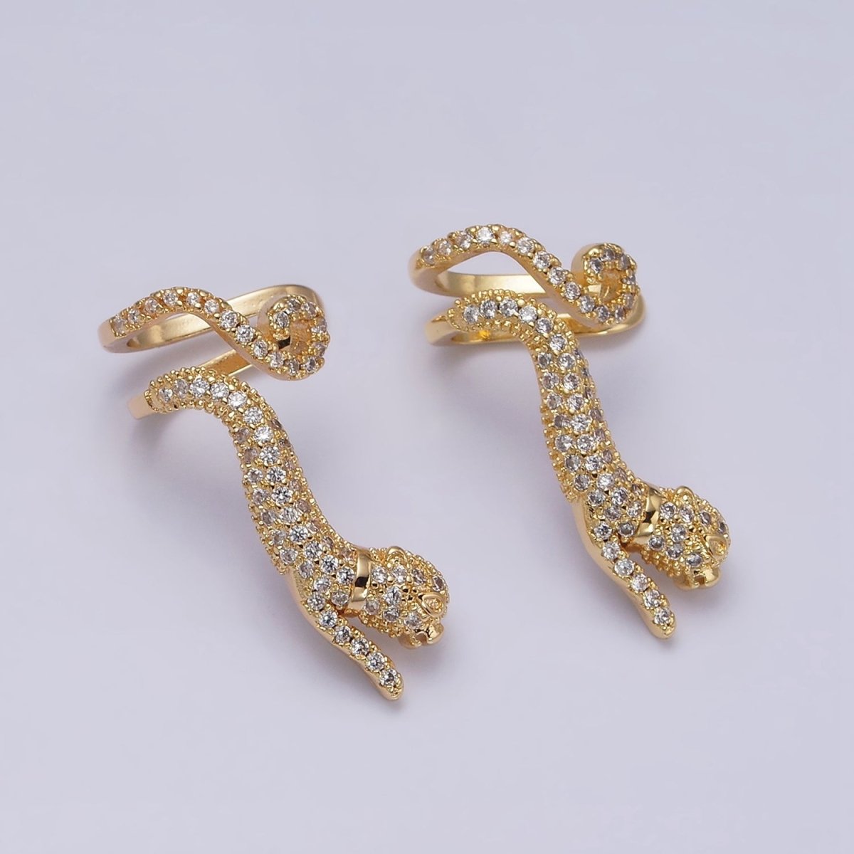16K Gold Filled Leaping Panther Leopard Animal Micro Paved CZ Ear Cuff Earrings in Gold & Silver | AI-019 AI-020 - DLUXCA