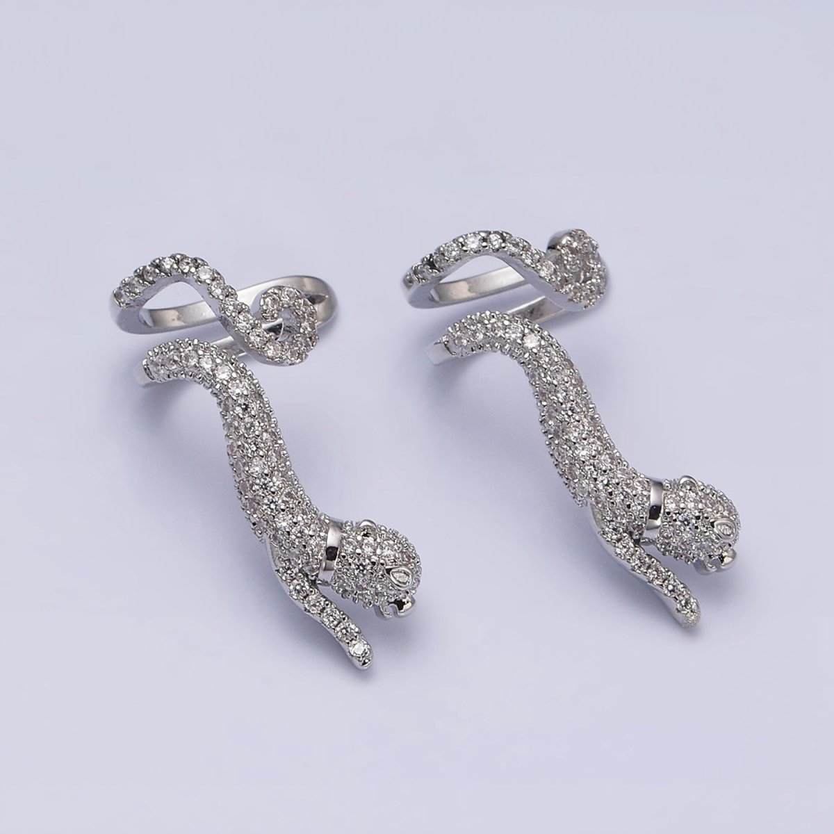 16K Gold Filled Leaping Panther Leopard Animal Micro Paved CZ Ear Cuff Earrings in Gold & Silver | AI-019 AI-020 - DLUXCA