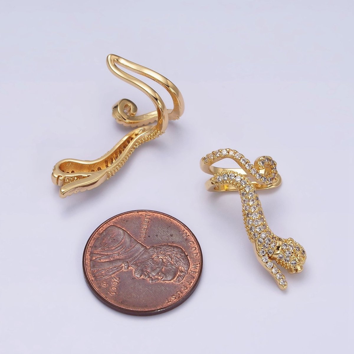 16K Gold Filled Leaping Panther Leopard Animal Micro Paved CZ Ear Cuff Earrings in Gold & Silver | AI-019 AI-020 - DLUXCA