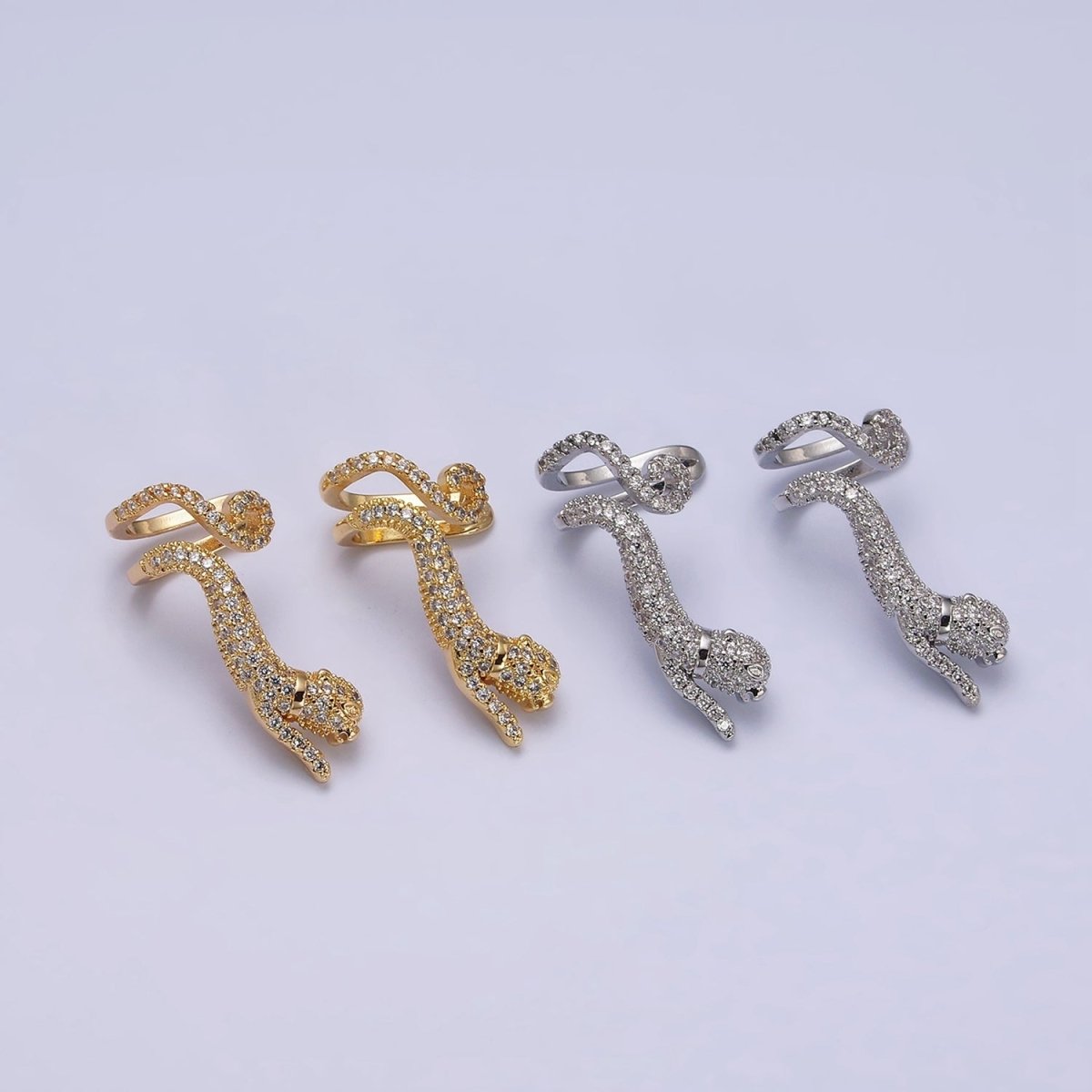 16K Gold Filled Leaping Panther Leopard Animal Micro Paved CZ Ear Cuff Earrings in Gold & Silver | AI-019 AI-020 - DLUXCA