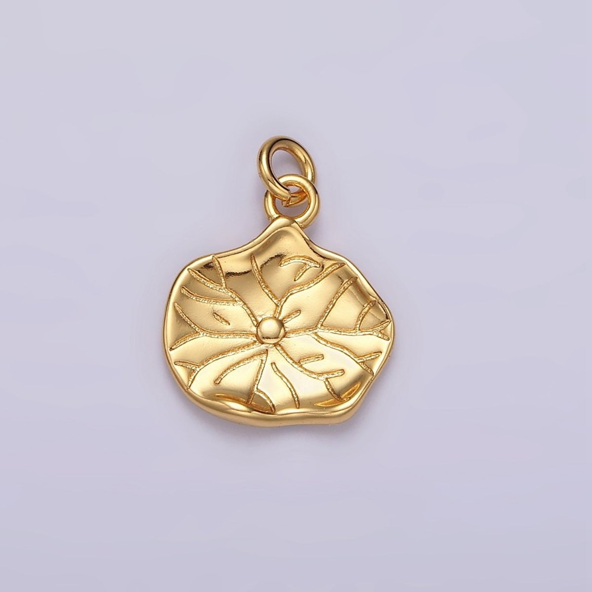 16K Gold Filled Lily Pad Leaf Nature Hammered Round Charm | AC852 - DLUXCA