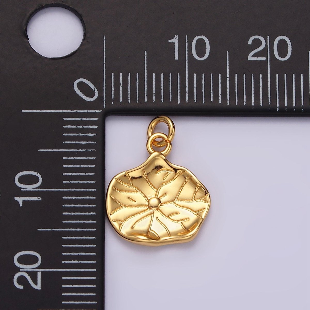 16K Gold Filled Lily Pad Leaf Nature Hammered Round Charm | AC852 - DLUXCA