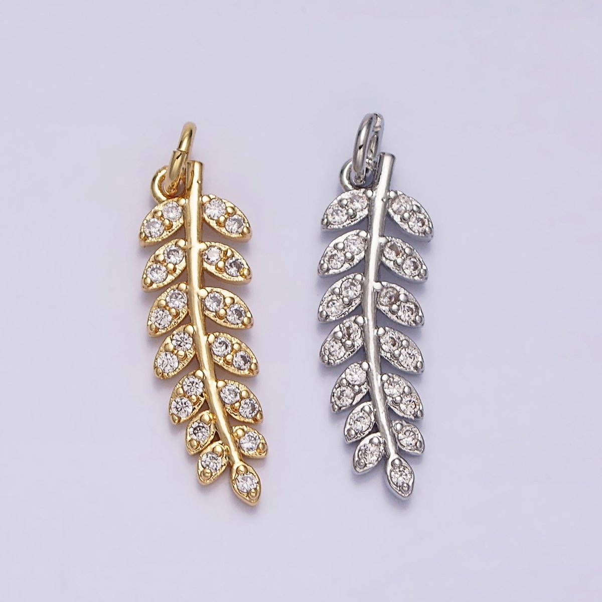 16K Gold Filled Long Leaf Palm Olive Micro Paved CZ Charm in Gold & Silver | AC1079 AC1080 - DLUXCA