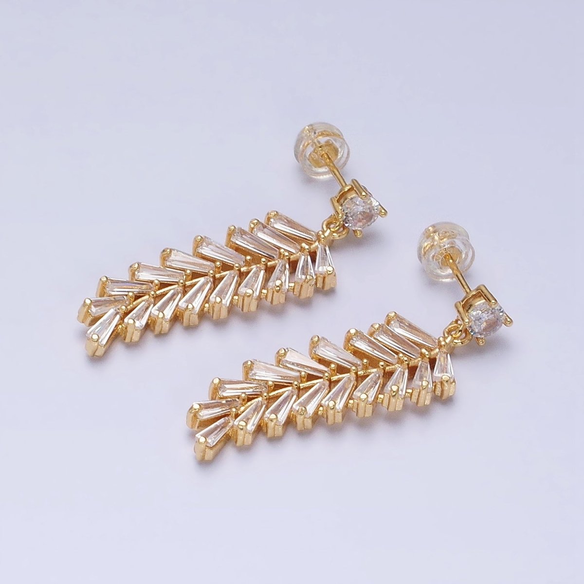 16K Gold Filled Long Majesty Palm Leaf Olive Baguette Drop Stud Earrings in Gold & Silver | AD818 AD819 - DLUXCA