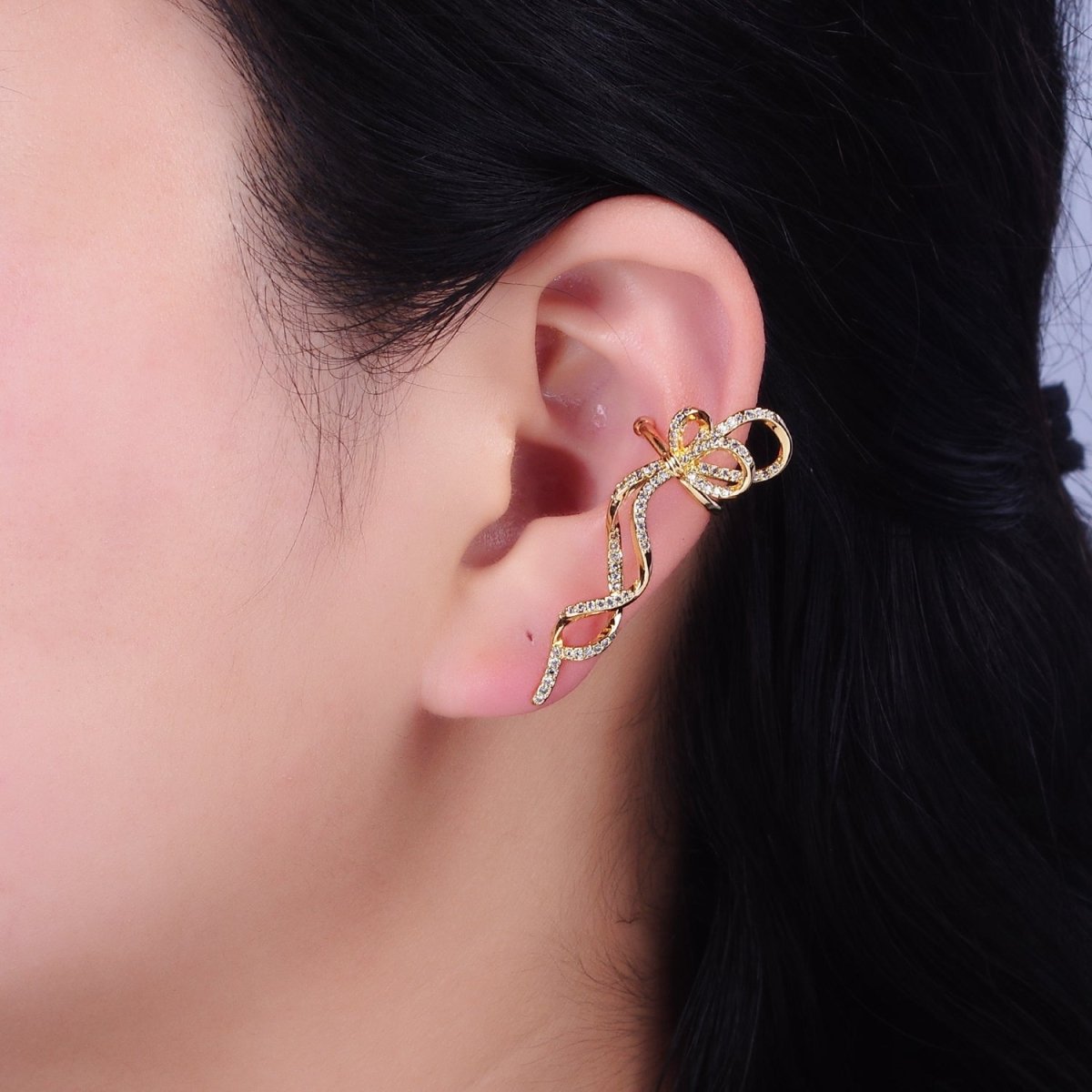 16K Gold Filled Long Ribbon Bow Twist Micro Paved Ear Cuff Earrings in Gold & Silver | AI-075 AI-076 - DLUXCA