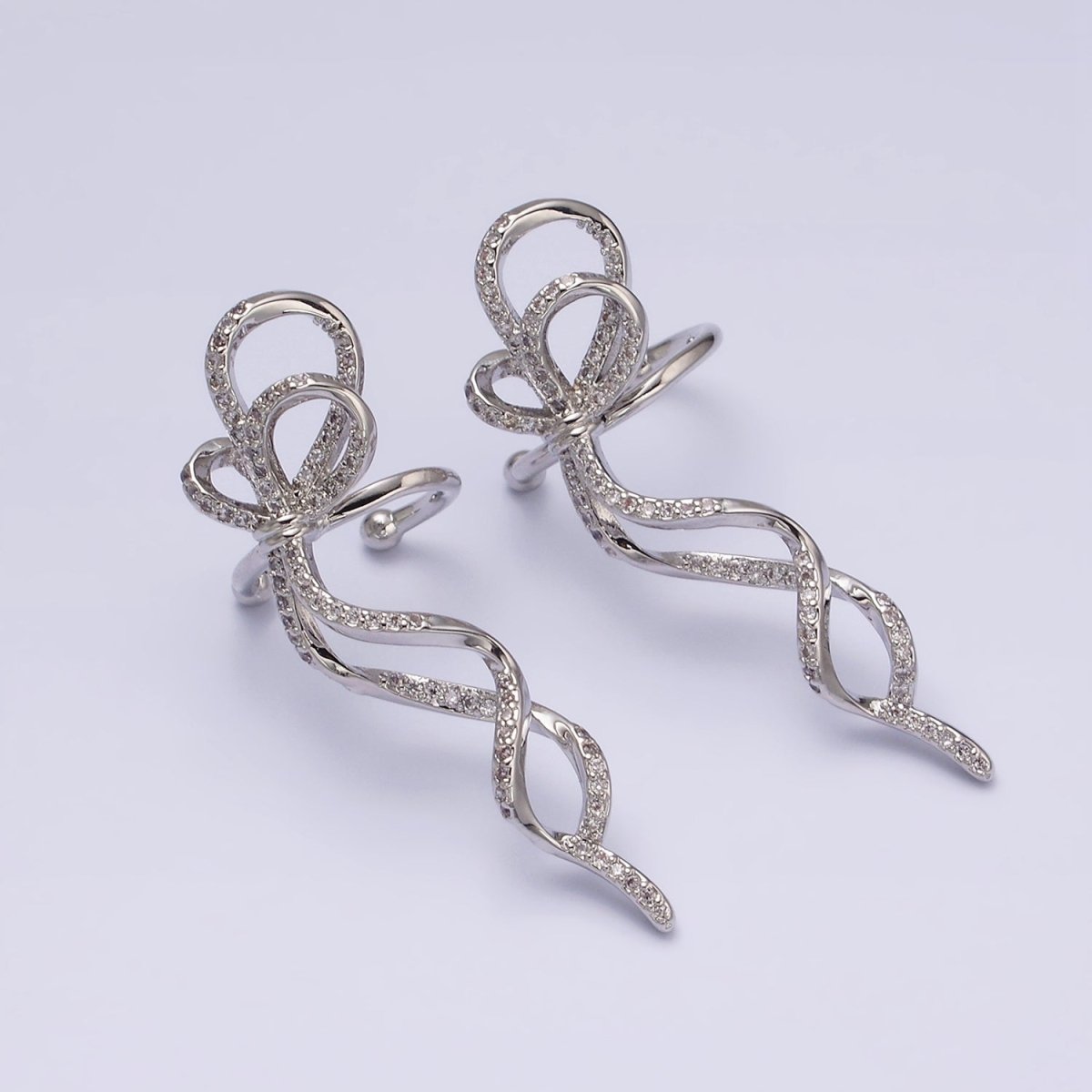 16K Gold Filled Long Ribbon Bow Twist Micro Paved Ear Cuff Earrings in Gold & Silver | AI-075 AI-076 - DLUXCA