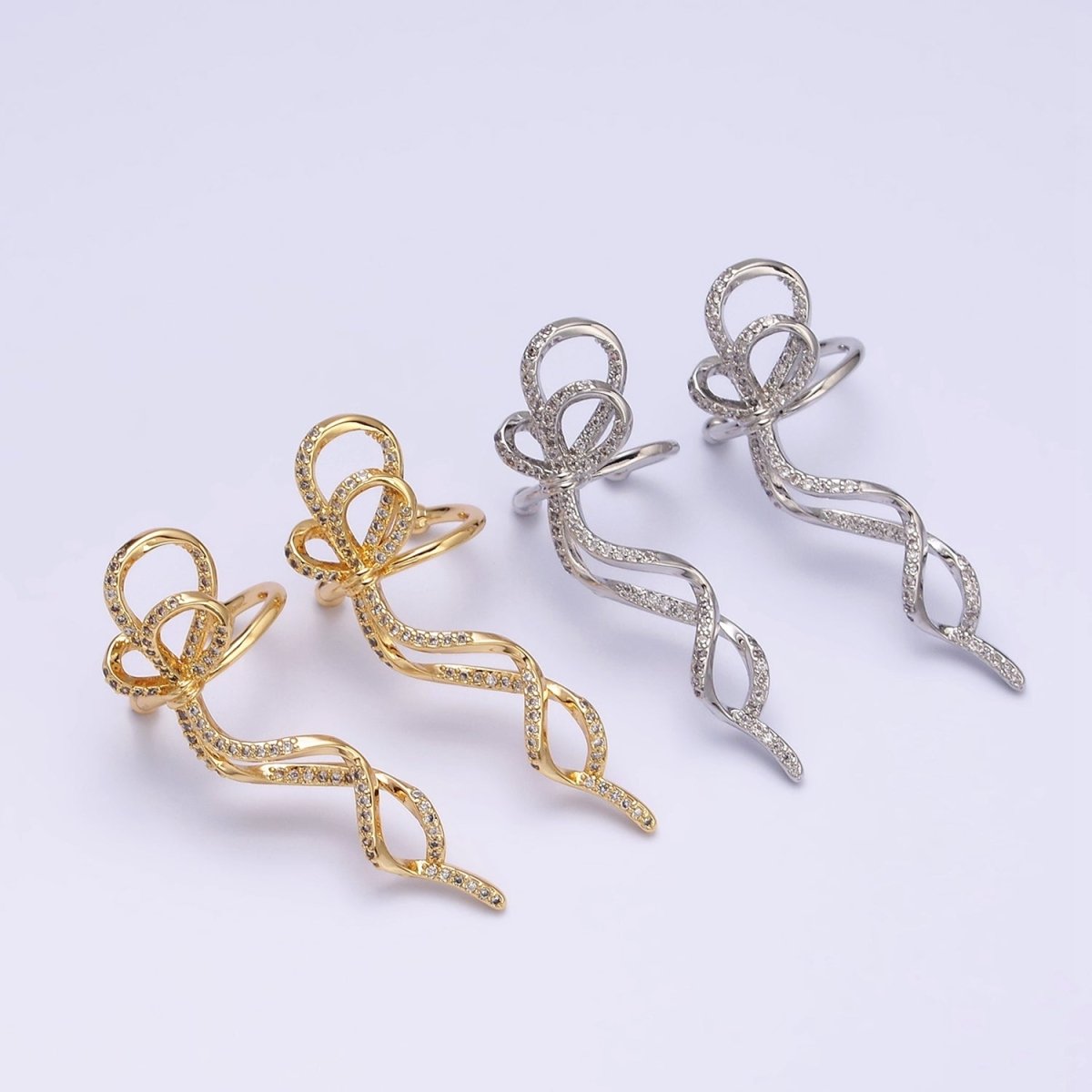 16K Gold Filled Long Ribbon Bow Twist Micro Paved Ear Cuff Earrings in Gold & Silver | AI-075 AI-076 - DLUXCA