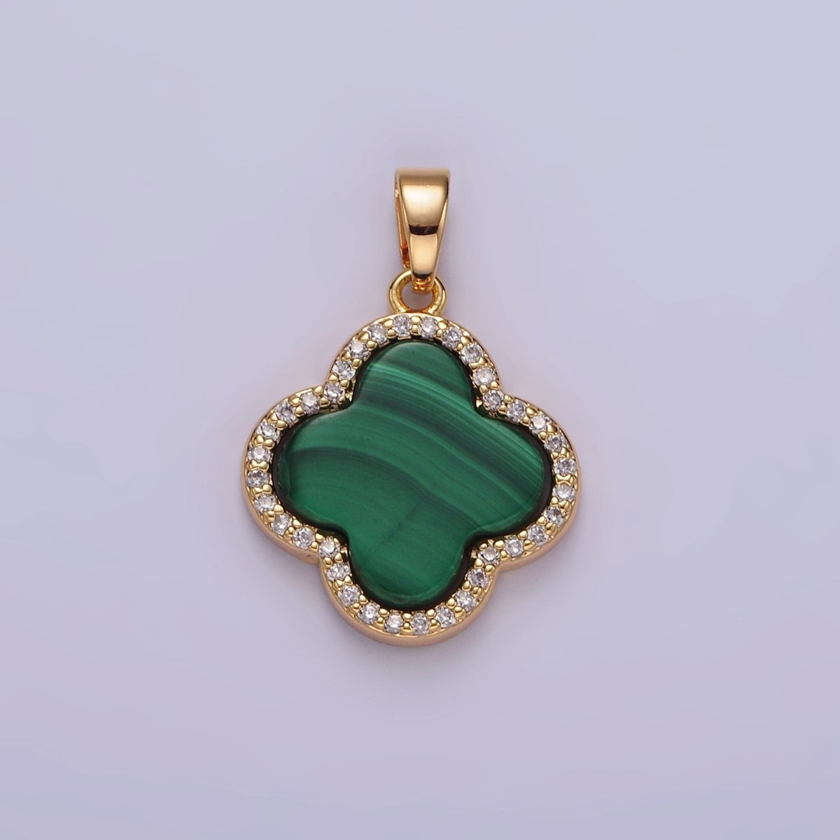 16K Gold Filled Malachite Micro Paved CZ Quatrefoil Pendant | N1915 - DLUXCA