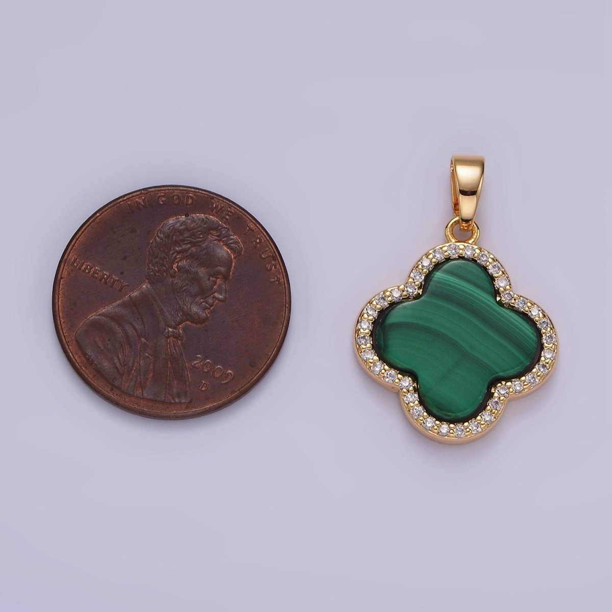 16K Gold Filled Malachite Micro Paved CZ Quatrefoil Pendant | N1915 - DLUXCA