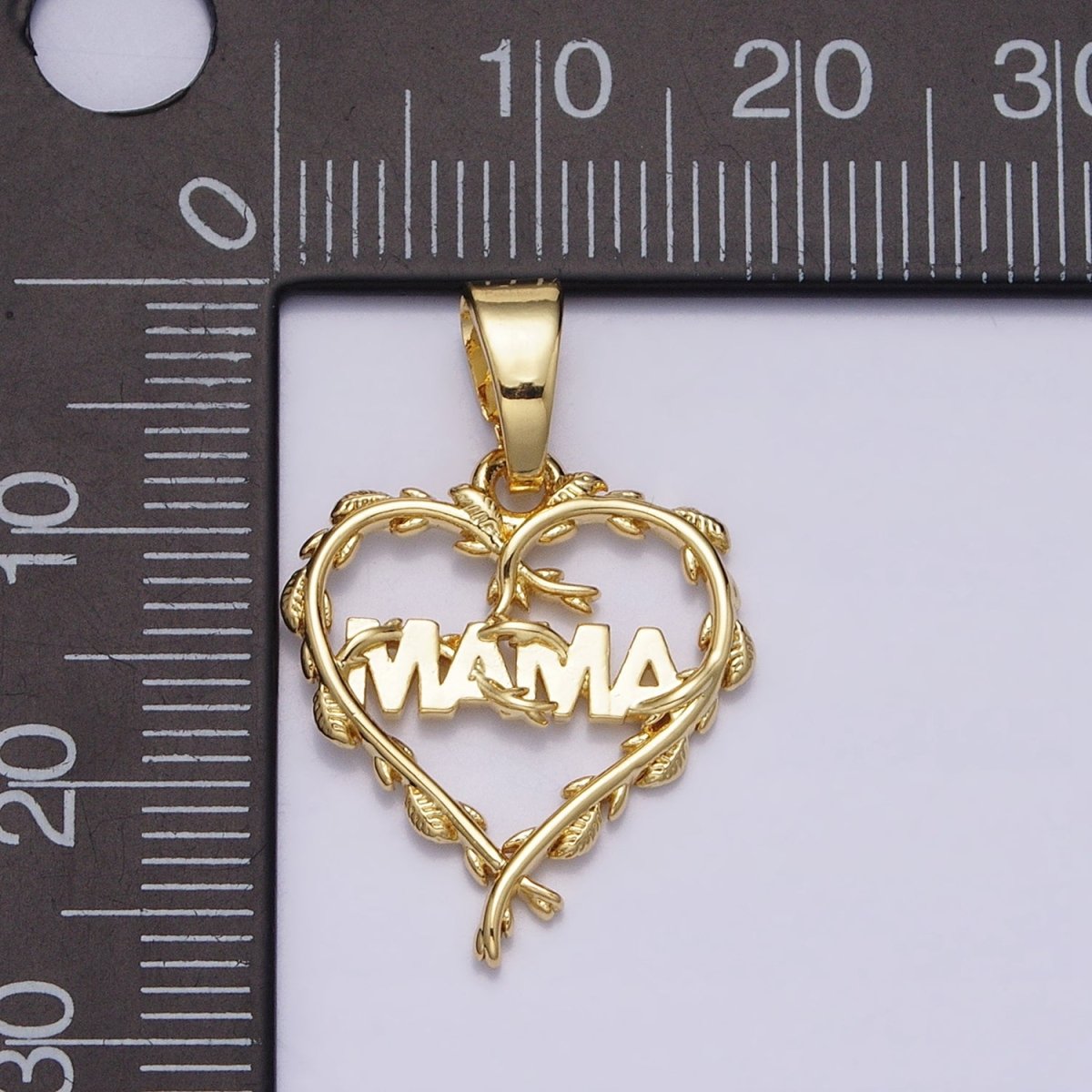 16K Gold Filled "MAMA" Script Olive Vine Leaf Open Heart Pendant | AC1328 - DLUXCA