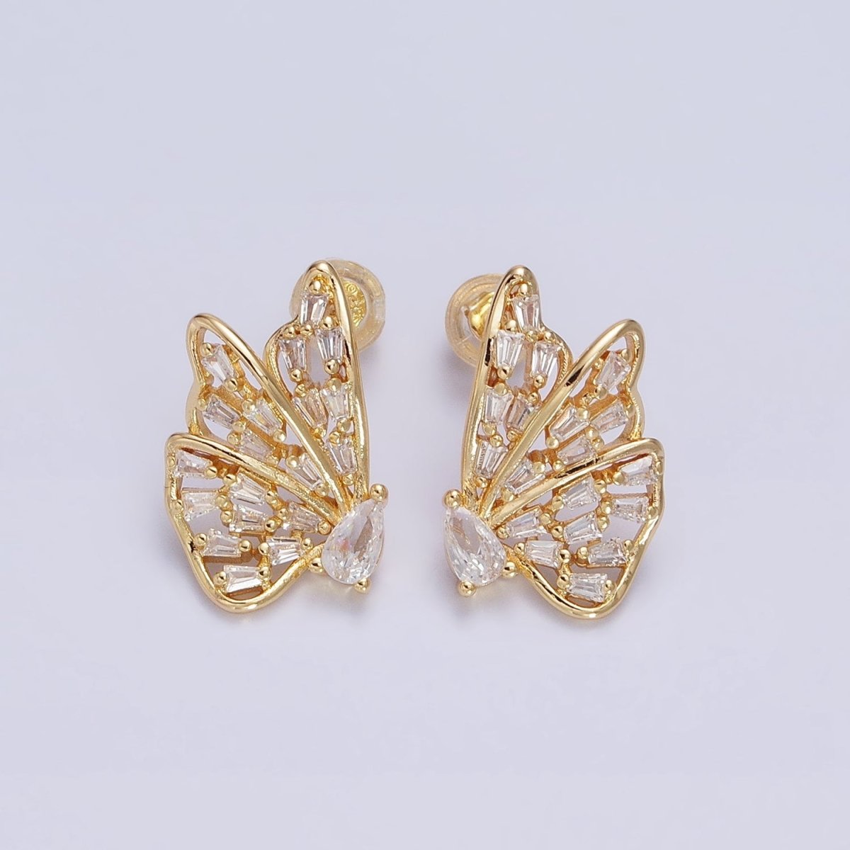 16K Gold Filled Mariposa Butterfly Baguette Teardrop CZ Wings Set Stud Earrings | AB633 AB634 - DLUXCA