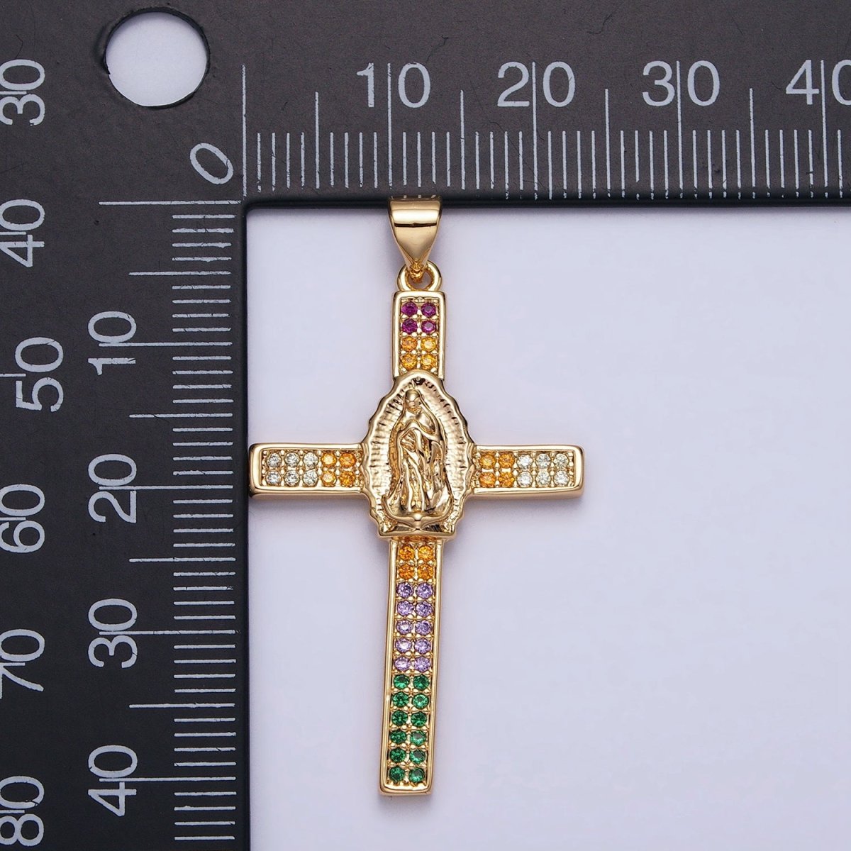 16K Gold Filled Mary Lady Guadalupe Cross Multicolor CZ Micro Paved Pendant in Gold & Silver | AA505 AA506 - DLUXCA