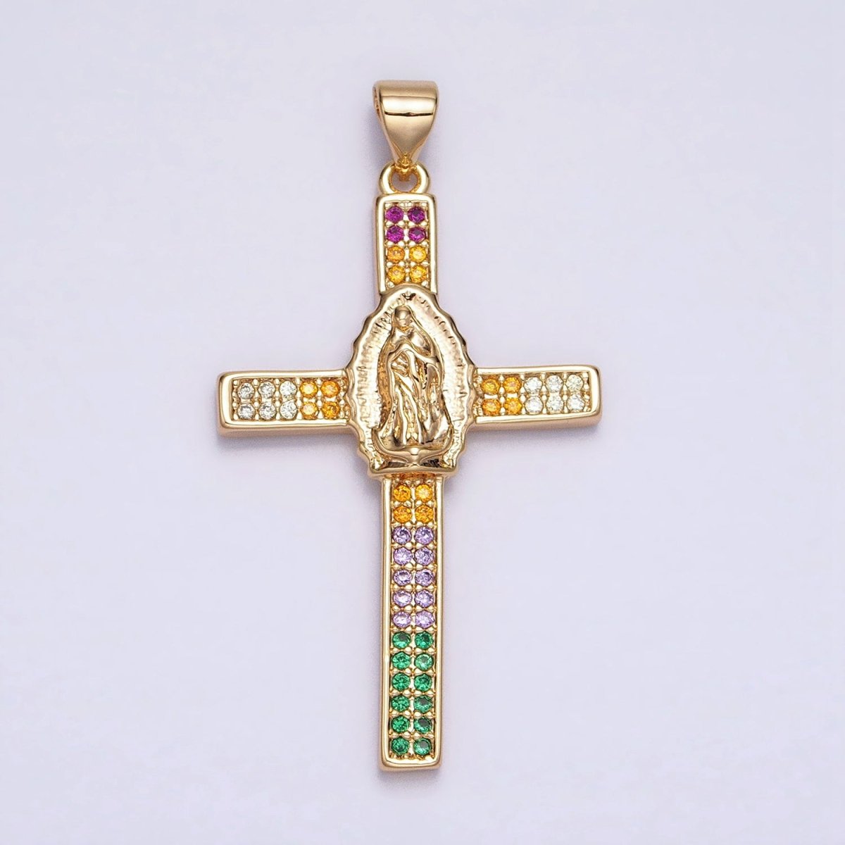 16K Gold Filled Mary Lady Guadalupe Cross Multicolor CZ Micro Paved Pendant in Gold & Silver | AA505 AA506 - DLUXCA