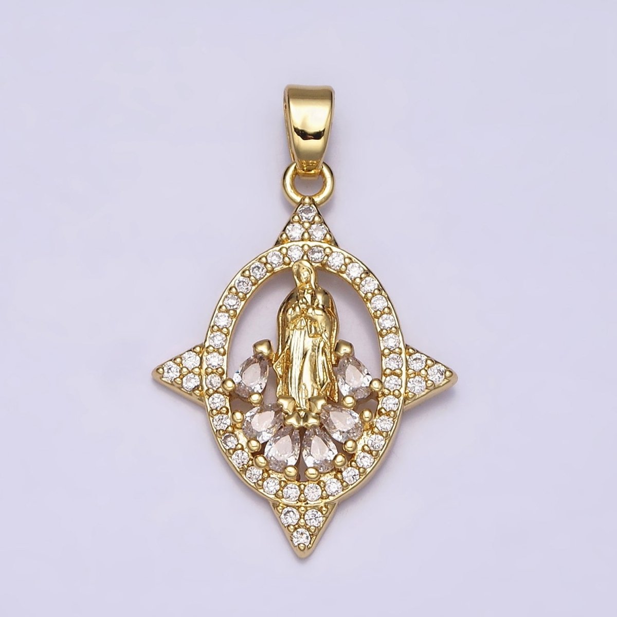 16K Gold Filled Mary Lady Guadalupe Multiple Teardrop Micro Paved Spiked Open Oval Pendant | AA482 - DLUXCA