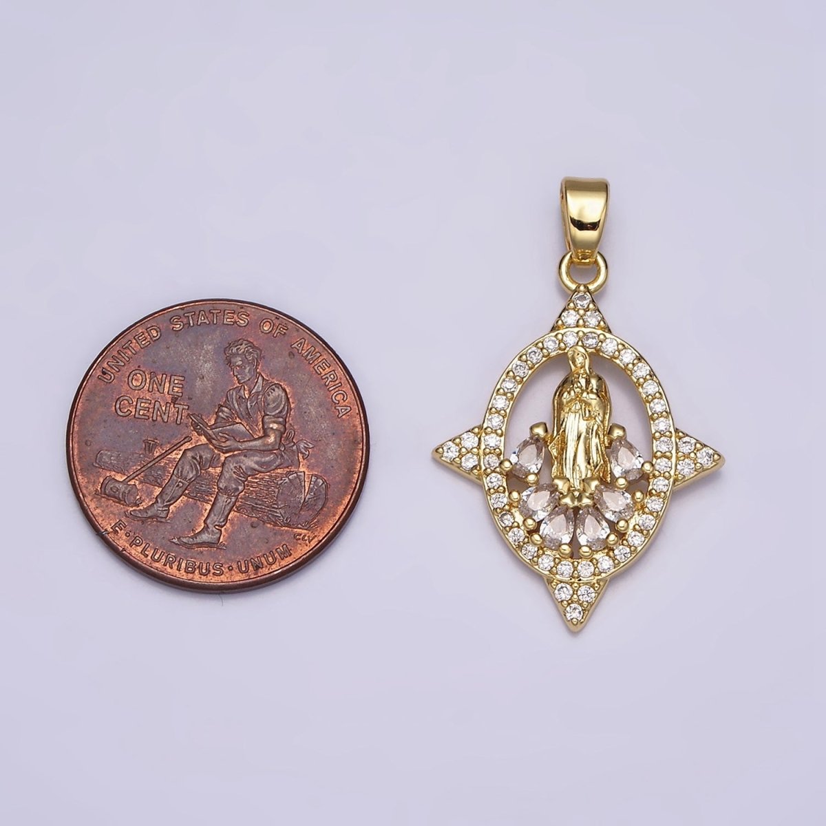 16K Gold Filled Mary Lady Guadalupe Multiple Teardrop Micro Paved Spiked Open Oval Pendant | AA482 - DLUXCA