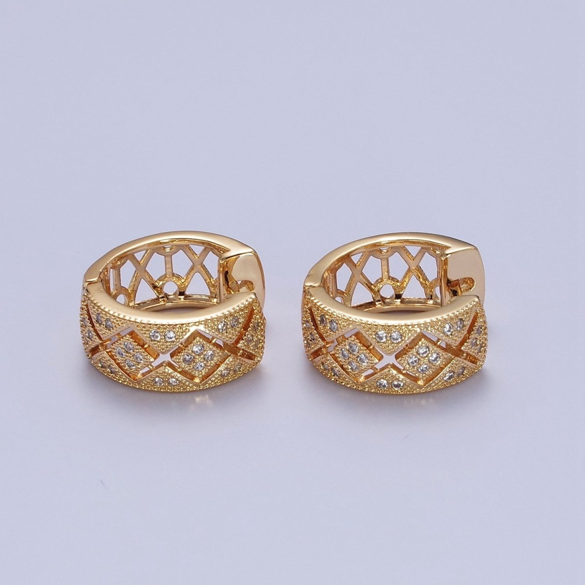 16K Gold Filled Micro Pave Cubic Zirconia Rhombus Wide Huggie Hoop Earrings | X-848 - DLUXCA