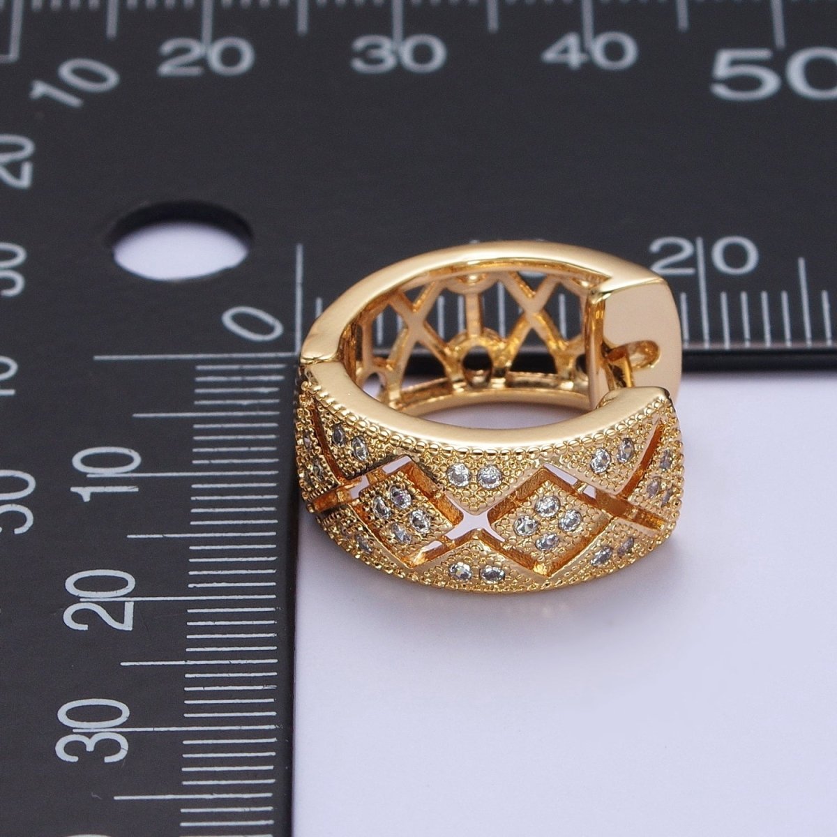 16K Gold Filled Micro Pave Cubic Zirconia Rhombus Wide Huggie Hoop Earrings | X-848 - DLUXCA