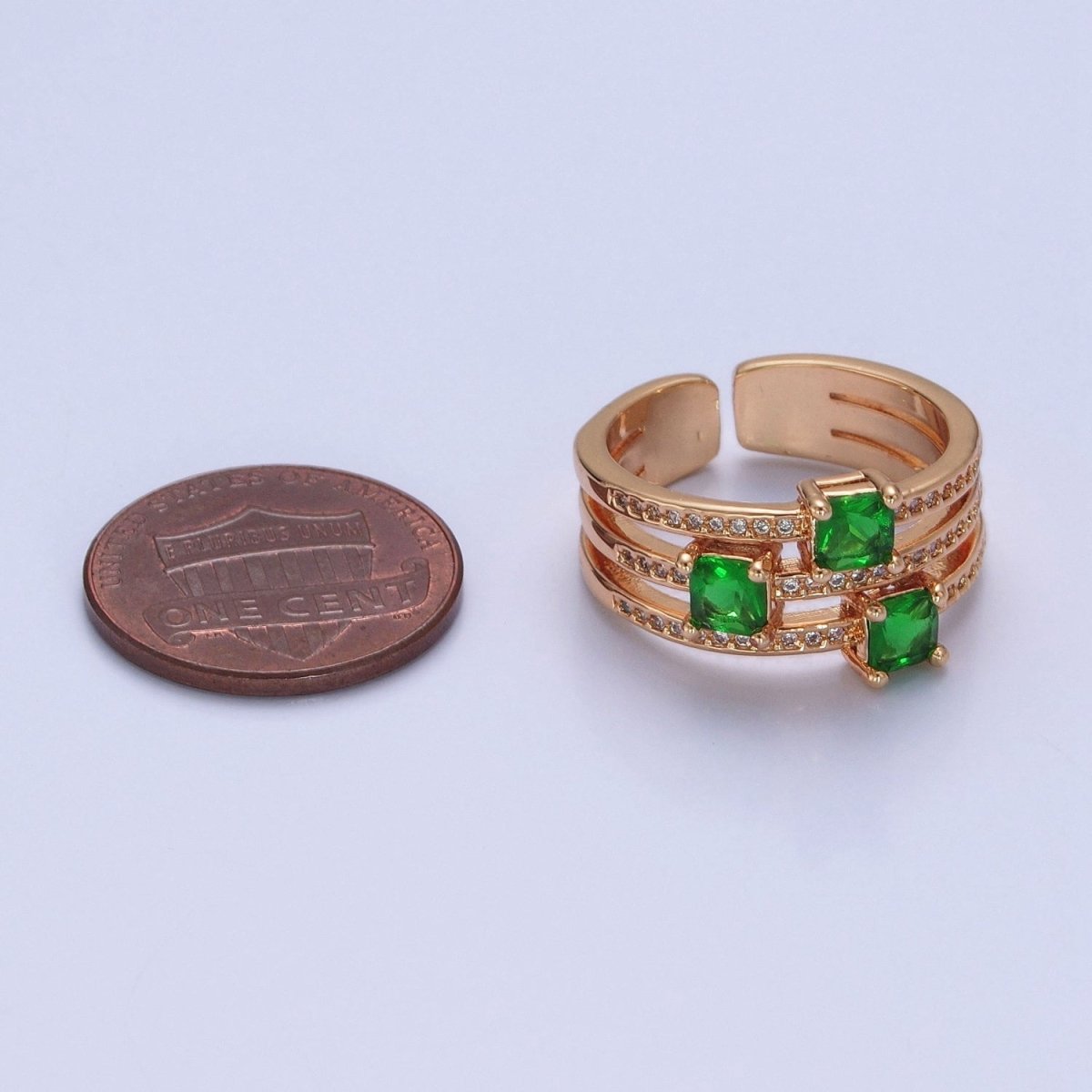 16K Gold Filled Micro Pave CZ Triple Band Emerald Green Baguette Square Cubic Zirconia Ring S-232 - DLUXCA