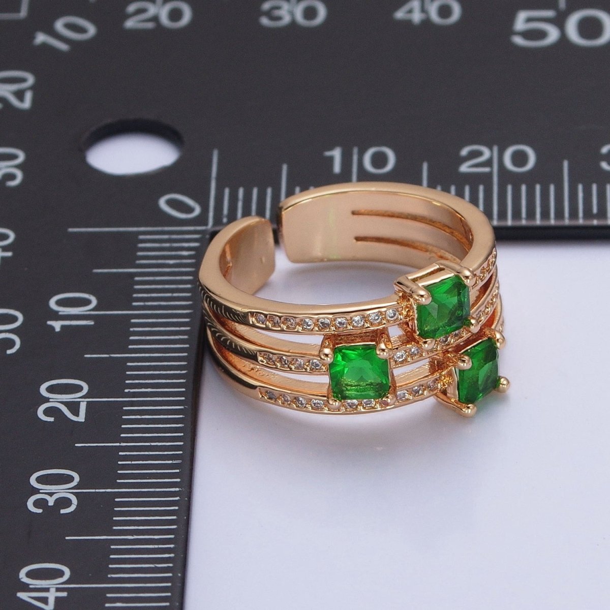 16K Gold Filled Micro Pave CZ Triple Band Emerald Green Baguette Square Cubic Zirconia Ring S-232 - DLUXCA