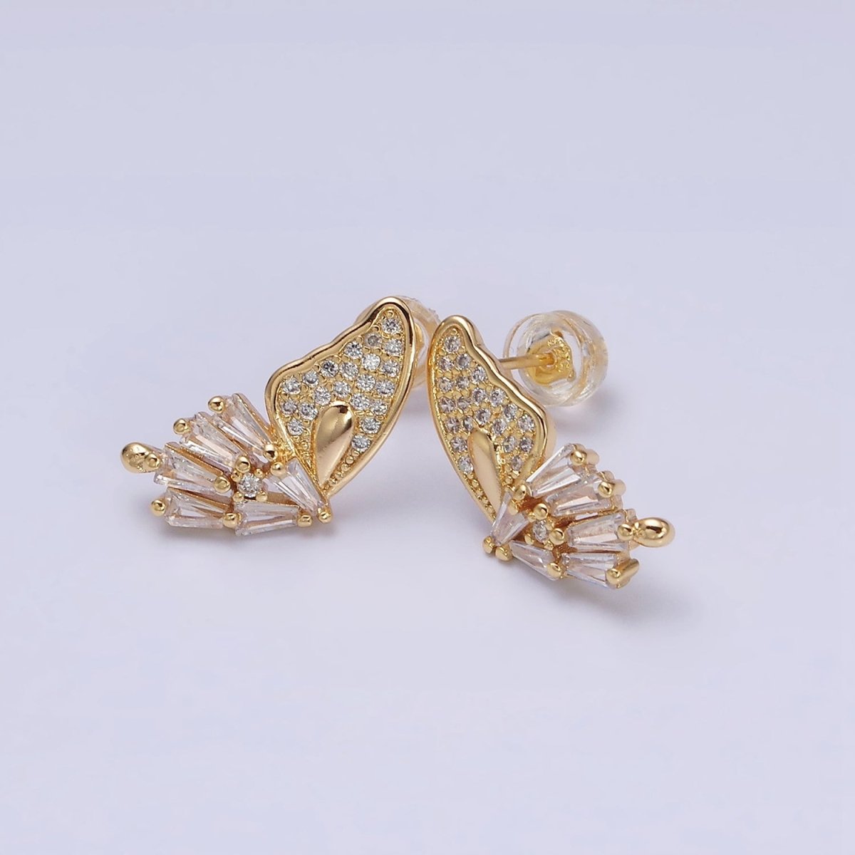 16K Gold Filled Micro Paved Baguette Butterfly Wings Set Stud Earrings | AD1229 - DLUXCA