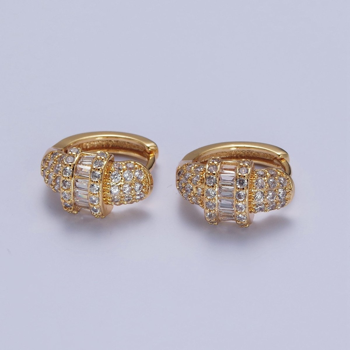 16K Gold Filled Micro Paved Baguette Center Statement Huggie Hoop Earrings | X-847 - DLUXCA