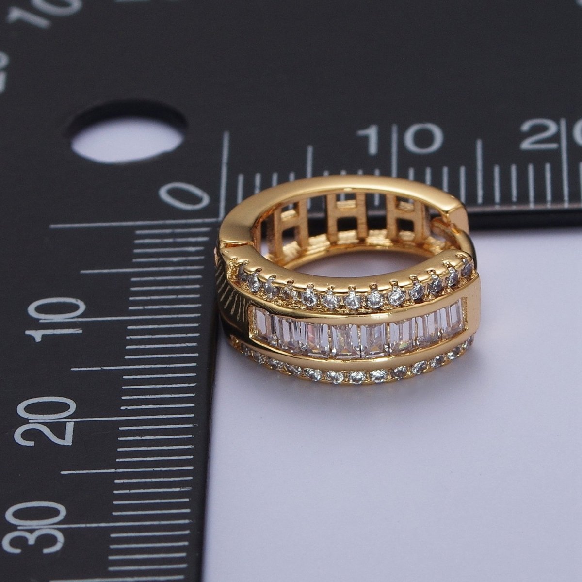 16K Gold Filled Micro Paved Baguette Lined Cubic Zirconia Huggie Hoops Earrings | X-844 - DLUXCA
