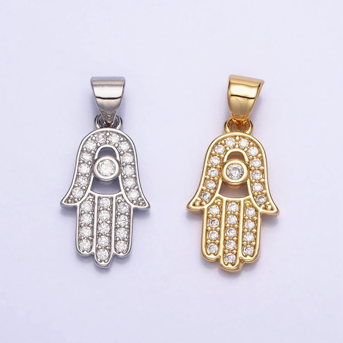 16K Gold Filled Micro Paved Clear CZ Protection Hamsa Hand Evil Eye Pendant in Gold & Silver | AA386 AA387 - DLUXCA