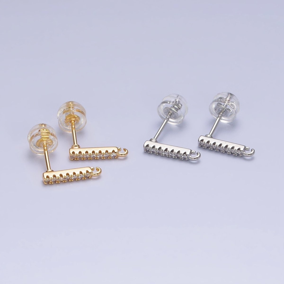 16K Gold Filled Micro Paved CZ 11mm Bar Open Loop Stud Earrings Supply in Gold & Silver | Z-371 Z-372 - DLUXCA