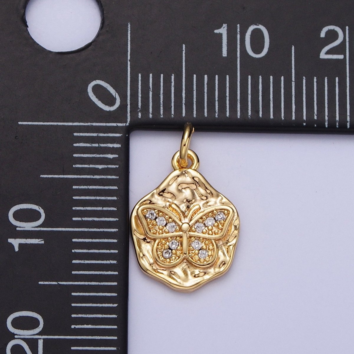 16K Gold Filled Micro Paved CZ Butterfly Hammered Charm | A-927 - DLUXCA