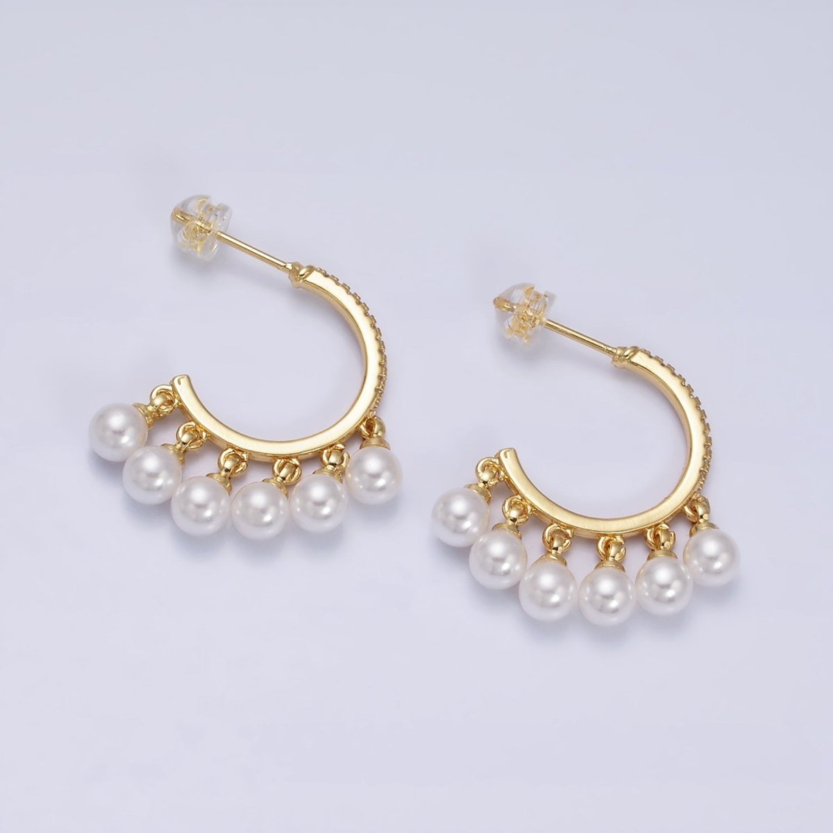 16K Gold Filled Micro Paved CZ C-Shaped Round Pearl Drop Dangle Hoop Earrings in Gold & Silver | AD1167 AD1168 - DLUXCA