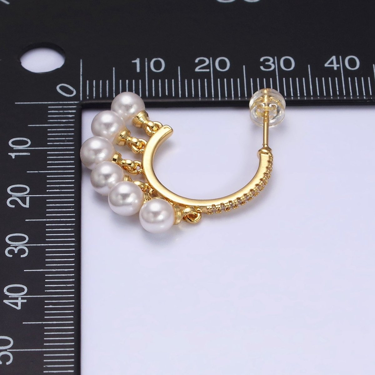 16K Gold Filled Micro Paved CZ C-Shaped Round Pearl Drop Dangle Hoop Earrings in Gold & Silver | AD1167 AD1168 - DLUXCA