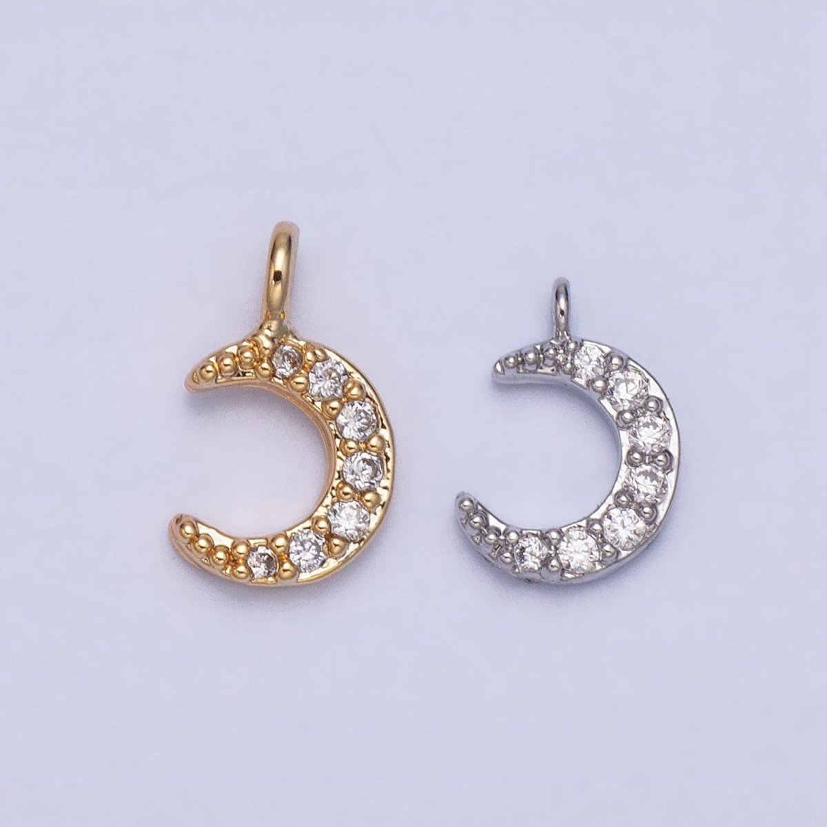 16K Gold Filled Micro Paved CZ Crescent Moon Mini Add-On Charm in Gold & Silver | AC1044 AC1045 - DLUXCA